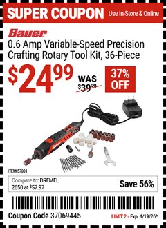 Harbor Freight Coupon BAUER 0.6 AMP VARIABLE-SPEED PRECISION CRAFTING ROTARY TOOL KIT, 36-PIECE Lot No. 57001 Valid Thru: 4/19/26 - $24.99