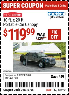 Harbor Freight Coupon COVERPRO 10 FT. X 20 FT. PORTABLE CAR CANOPY Lot No. 63054 Valid Thru: 2/16/26 - $119.99