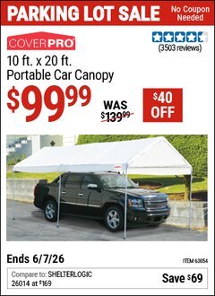 Harbor Freight Coupon COVERPRO 10 FT. X 20 FT. PORTABLE CAR CANOPY Lot No. 63054 Valid Thru: 6/7/26 - $99.99