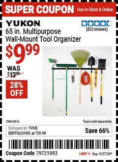 Harbor Freight Coupon YUKON 65 IN. MULTIPURPOSE WALL-MOUNT TOOL ORGANIZER Lot No. 58516 Expired: 9/27/26 - $9.99