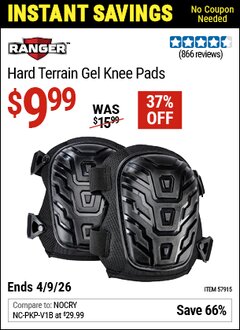 Harbor Freight Coupon RANGER HARD TERRAIN GEL KNEE PADS Lot No. 57915 Expired: 4/9/26 - $9.99