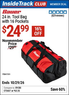 Harbor Freight ITC Coupon BAUER 24 IN. TOOL BAG WITH 16 POCKETS Lot No. 57351 Dates Valid: 12/31/69 - 10/29/26 - $24.99