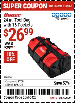Harbor Freight Coupon BAUER 24 IN. TOOL BAG WITH 16 POCKETS Lot No. 57351 Valid Thru: 4/26/26 - $26.99
