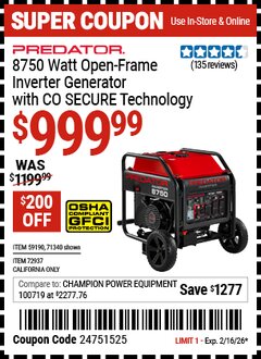 Harbor Freight Coupon PREDATOR 8750 WATT OPEN-FRAME INVERTER GENERATOR WITH CO SECURE TECHNOLOGY Lot No. 71340/59190/72937 Valid Thru: 2/16/26 - $999.99