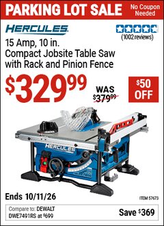Harbor Freight Coupon HERCULES 15 AMP, 10 IN. COMPACT JOBSITE TABLE SAW WITH RACK AND PINION FENCE Lot No. 57673 Valid Thru: 10/11/26 - $329.99
