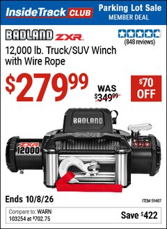 Harbor Freight ITC Coupon BADLAND ZXR 12,000 LB. TRUCK/SUV WINCH WITH WIRE ROPE Lot No. 59407 Expired: 10/8/26 - $279.99