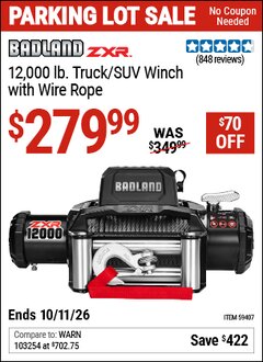Harbor Freight Coupon BADLAND ZXR 12,000 LB. TRUCK/SUV WINCH WITH WIRE ROPE Lot No. 59407 Expired: 10/11/26 - $279.99