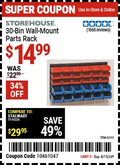 Harbor Freight Coupon STOREHOUSE 30 BIN WALL PARTS RACK Lot No. 63306/63151 Expired: 8/15/24 - $14.99