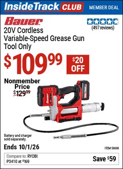 Harbor Freight Coupon BAUER 20V CORDLESS VARIABLE-SPEED GREASE GUN &ndash; TOOL ONLY Lot No. 58608 Valid: 12/31/69 - 10/1/26 - $109.99