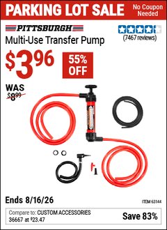 Harbor Freight Coupon PITTSBURGH MULTI-USE TRANSFER PUMP Lot No. 61364/63591/63144 Expired: 8/16/26 - $3.96