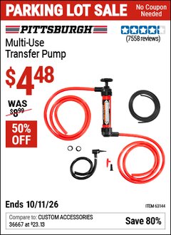 Harbor Freight Coupon PITTSBURGH MULTI-USE TRANSFER PUMP Lot No. 61364/63591/63144 Valid Thru: 10/11/26 - $4.48