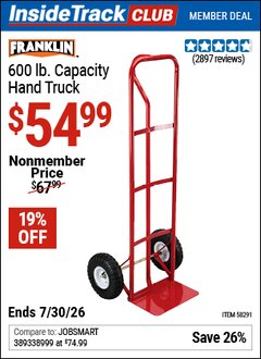 Harbor Freight ITC Coupon FRANKLIN 600 LB. CAPACITY HAND TRUCK Lot No. 58291 Dates Valid: 12/31/69 - 7/30/26 - $54.99