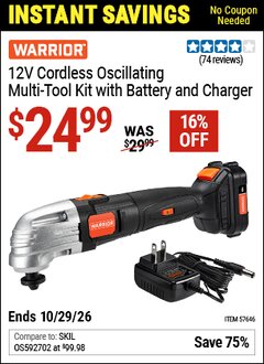 Harbor Freight Coupon WARRIOR 12V CORDLESS VARIABLE SPEED OSCILLATING MULTI-TOOL KIT Lot No. 57646 Valid Thru: 10/29/26 - $24.99
