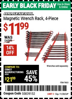 Harbor Freight Coupon U.S. GENERAL MAGNETIC WRENCH RACK, 4-PIECE Lot No. 70023 Expired: 11/28/24 - $11.99