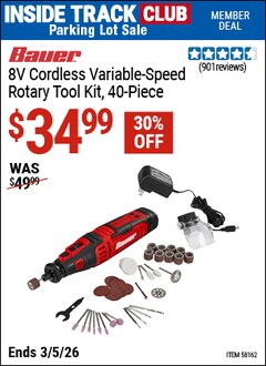 Harbor Freight ITC Coupon BAUER 8V CORDLESS VARIABLE-SPEED ROTARY TOOL KIT, 40-PIECE Lot No. 58162 Expired: 3/5/26 - $34.99