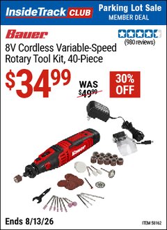 Harbor Freight ITC Coupon BAUER 8V CORDLESS VARIABLE-SPEED ROTARY TOOL KIT, 40-PIECE Lot No. 58162 Expired: 8/13/26 - $34.99