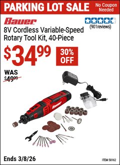 Harbor Freight Coupon BAUER 8V CORDLESS VARIABLE-SPEED ROTARY TOOL KIT, 40-PIECE Lot No. 58162 Expired: 3/8/26 - $34.99