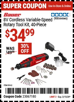 Harbor Freight Coupon BAUER 8V CORDLESS VARIABLE-SPEED ROTARY TOOL KIT, 40-PIECE Lot No. 58162 Valid Thru: 3/15/26 - $34.99
