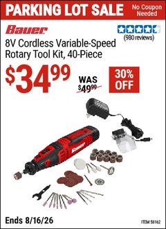 Harbor Freight Coupon BAUER 8V CORDLESS VARIABLE-SPEED ROTARY TOOL KIT, 40-PIECE Lot No. 58162 Expired: 8/16/26 - $34.99