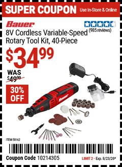 Harbor Freight Coupon BAUER 8V CORDLESS VARIABLE-SPEED ROTARY TOOL KIT, 40-PIECE Lot No. 58162 Expired: 8/23/26 - $34.99