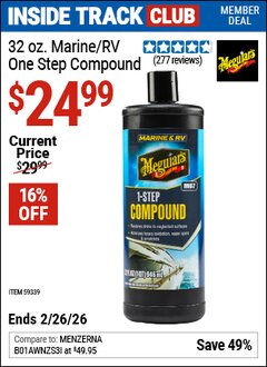 Harbor Freight ITC Coupon MEGUIAR'S 32 OZ. MARINE/RV ONE STEP COMPOUND Lot No. 59339 Dates Valid: 12/31/69 - 2/26/26 - $24.99