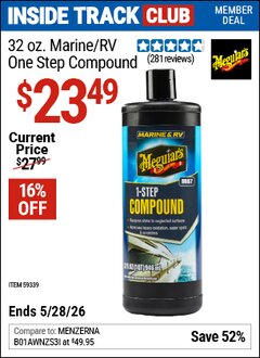 Harbor Freight ITC Coupon MEGUIAR'S 32 OZ. MARINE/RV ONE STEP COMPOUND Lot No. 59339 Expired: 5/28/26 - $23.49