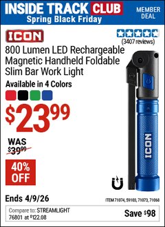 Harbor Freight ITC Coupon ICON 800 LUMEN LED RECHARGEABLE MAGNETIC HANDHELD FOLDABLE SLIM BAR WORK LIGHT Lot No. 59103/71068/71073/71074 Expired: 4/9/26 - $23.99