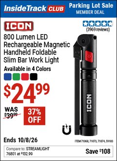 Harbor Freight ITC Coupon ICON 800 LUMEN LED RECHARGEABLE MAGNETIC HANDHELD FOLDABLE SLIM BAR WORK LIGHT Lot No. 59103/71068/71073/71074 Expired: 10/8/26 - $24.99