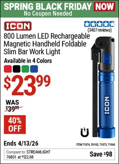 Harbor Freight Coupon ICON 800 LUMEN LED RECHARGEABLE MAGNETIC HANDHELD FOLDABLE SLIM BAR WORK LIGHT Lot No. 59103/71068/71073/71074 Expired: 4/12/26 - $23.99