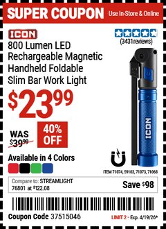 Harbor Freight Coupon ICON 800 LUMEN LED RECHARGEABLE MAGNETIC HANDHELD FOLDABLE SLIM BAR WORK LIGHT Lot No. 59103/71068/71073/71074 Valid Thru: 4/19/26 - $23.99