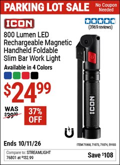 Harbor Freight Coupon ICON 800 LUMEN LED RECHARGEABLE MAGNETIC HANDHELD FOLDABLE SLIM BAR WORK LIGHT Lot No. 59103/71068/71073/71074 Expired: 10/11/26 - $24.99