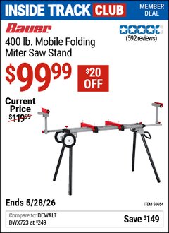Harbor Freight ITC Coupon BAUER 400 LB. MOBILE FOLDING MITER SAW STAND Lot No. 58654 Valid Thru: 5/28/26 - $99.99
