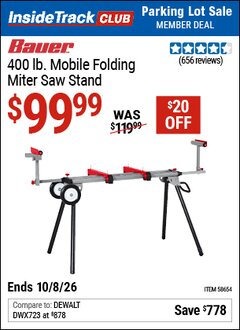 Harbor Freight ITC Coupon BAUER 400 LB. MOBILE FOLDING MITER SAW STAND Lot No. 58654 Expired: 10/8/26 - $99.99