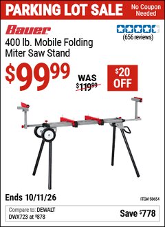 Harbor Freight Coupon BAUER 400 LB. MOBILE FOLDING MITER SAW STAND Lot No. 58654 Expired: 10/11/26 - $99.99