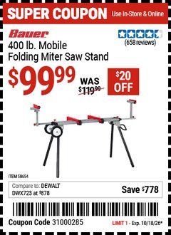 Harbor Freight Coupon BAUER 400 LB. MOBILE FOLDING MITER SAW STAND Lot No. 58654 Expired: 10/18/26 - $99.99