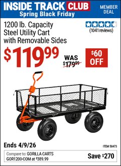 Harbor Freight ITC Coupon 1200 LB. CAPACITY STEEL UTILITY CART WITH REMOVABLE SIDES Lot No. 58473 Expired: 4/9/26 - $119.99