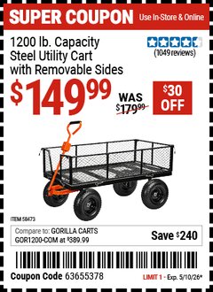 Harbor Freight Coupon 1200 LB. CAPACITY STEEL UTILITY CART WITH REMOVABLE SIDES Lot No. 58473 Valid Thru: 5/10/26 - $149.99