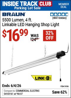 Harbor Freight ITC Coupon BRAUN 5500 LUMEN, 4 FT. LINKABLE LED HANGING SHOP LIGHT Lot No. 59506 Expired: 6/4/26 - $16.99