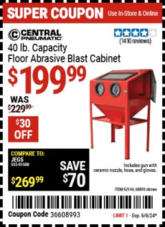 Harbor Freight Coupon 40 LB. CAPACITY FLOOR BLAST CABINET Lot No. 68893/62144/93608 Expired: 6/6/24 - $199.99