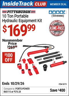 Harbor Freight ITC Coupon PITTSBURGH 10 TON PORTABLE HYDRAULIC EQUIPMENT KIT Lot No. 58775 Dates Valid: 12/31/69 - 10/29/26 - $169.99