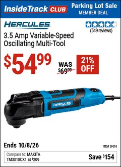 Harbor Freight ITC Coupon HERCULES 3.5 AMP VARIABLE-SPEED OSCILLATING MULTI-TOOL Lot No. 59510 Expired: 10/8/26 - $54.99