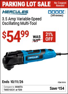 Harbor Freight Coupon HERCULES 3.5 AMP VARIABLE-SPEED OSCILLATING MULTI-TOOL Lot No. 59510 Valid Thru: 10/11/26 - $54.99