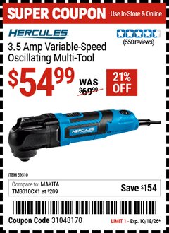 Harbor Freight Coupon HERCULES 3.5 AMP VARIABLE-SPEED OSCILLATING MULTI-TOOL Lot No. 59510 Expired: 10/18/26 - $54.99