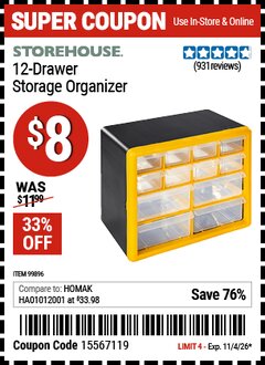 Harbor Freight Coupon STOREHOUSE 12-DRAWER STORAGE ORGANIZER Lot No. 99896 Valid Thru: 11/4/26 - $8