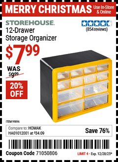 Harbor Freight Coupon STOREHOUSE 12-DRAWER STORAGE ORGANIZER Lot No. 99896 Expired: 12/28/25 - $7.99