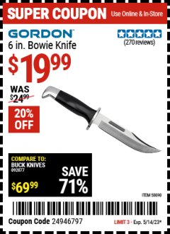 Harbor Freight Coupon GORDON 6 IN. BOWIE KNIFE Lot No. 58090 Expired: 5/14/23 - $19.99
