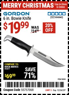 Harbor Freight Coupon GORDON 6 IN. BOWIE KNIFE Lot No. 58090 Expired: 12/24/23 - $19.99