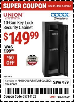 Harbor Freight Coupon UNION SAFE COMPANY 10-GUN KEY LOCK SECURITY CABINET Lot No. 59418 Expired: 8/16/26 - $149.99