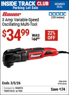 Harbor Freight ITC Coupon BAUER 3 AMP VARIABLE-SPEED OSCILLATING MULTI-TOOL Lot No. 59163/56509 Expired: 3/5/26 - $34.99