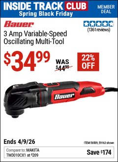 Harbor Freight ITC Coupon BAUER 3 AMP VARIABLE-SPEED OSCILLATING MULTI-TOOL Lot No. 59163/56509 Expired: 4/9/26 - $34.99